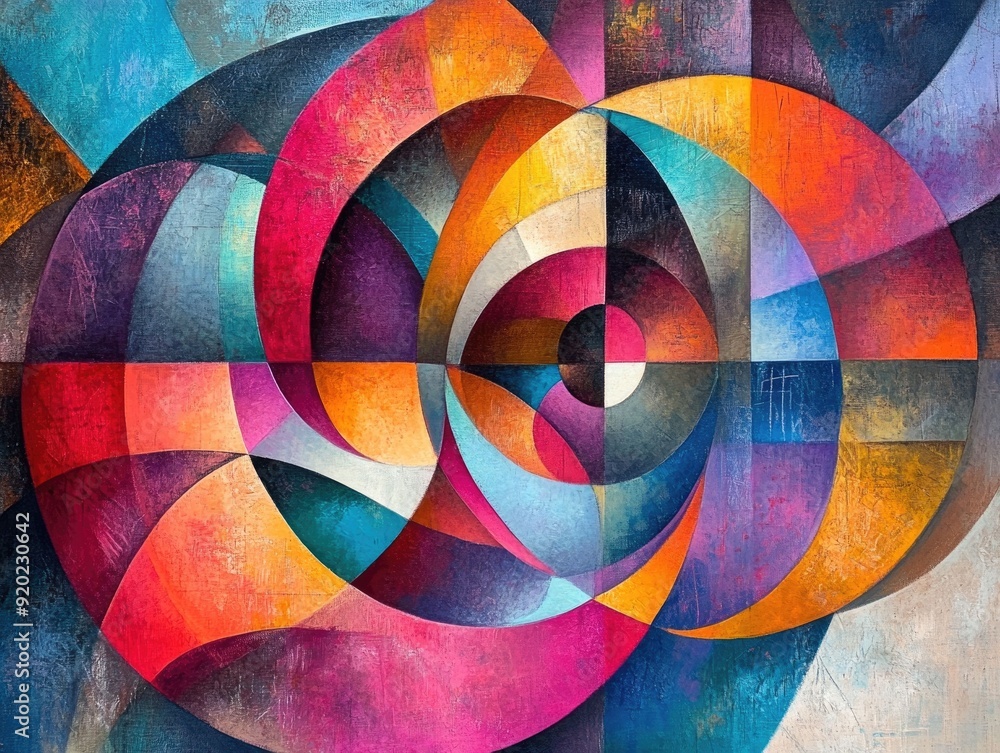 Poster vibrant and dynamic abstract art composition with geometric shapes patterns and precise lines in a c