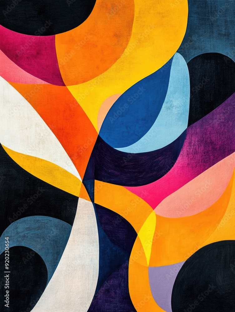 Poster vibrant modern abstract art composition with organic flowing shapes and bold contrasting colors crea