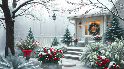 Fototapeta premium shabby chic dreamy mist pastel junk journals The gardens are still alive with color, even in the depths of winter. Red berries, evergreen boughs, and delicate snowdrops add pops of color to the muted 