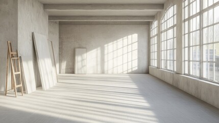 Obraz premium Empty Loft Room with Large Windows and Sunlight Streaming Through.