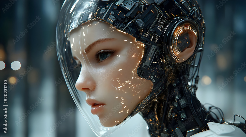 Poster a futuristic humanoid robot with intricate circuitry and a transparent helmet.