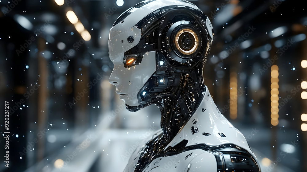 Aufkleber a futuristic humanoid robot with intricate details and glowing features in a high-tech environment.