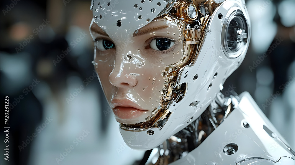 Poster a close-up of a futuristic humanoid robot with intricate details and a lifelike appearance.