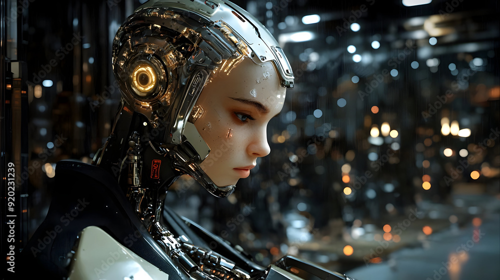 Poster a futuristic humanoid robot with intricate mechanical features and a reflective environment.