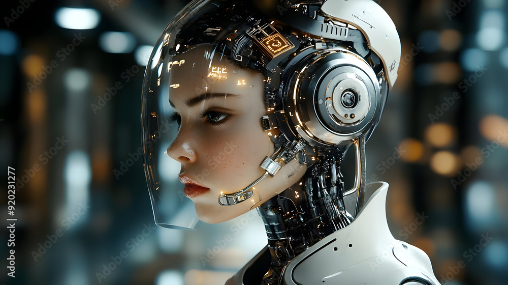Poster a futuristic humanoid robot with intricate design and technology.