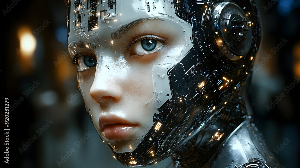 Poster a futuristic humanoid robot with intricate circuitry and glowing elements.