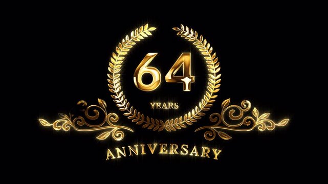 64th Anniversary Celebration. Happy 64 Years Anniversary Animation in Gold Color on the Transparent Background, Alpha Channel. Great for greetings, celebrations, events, and gifts.