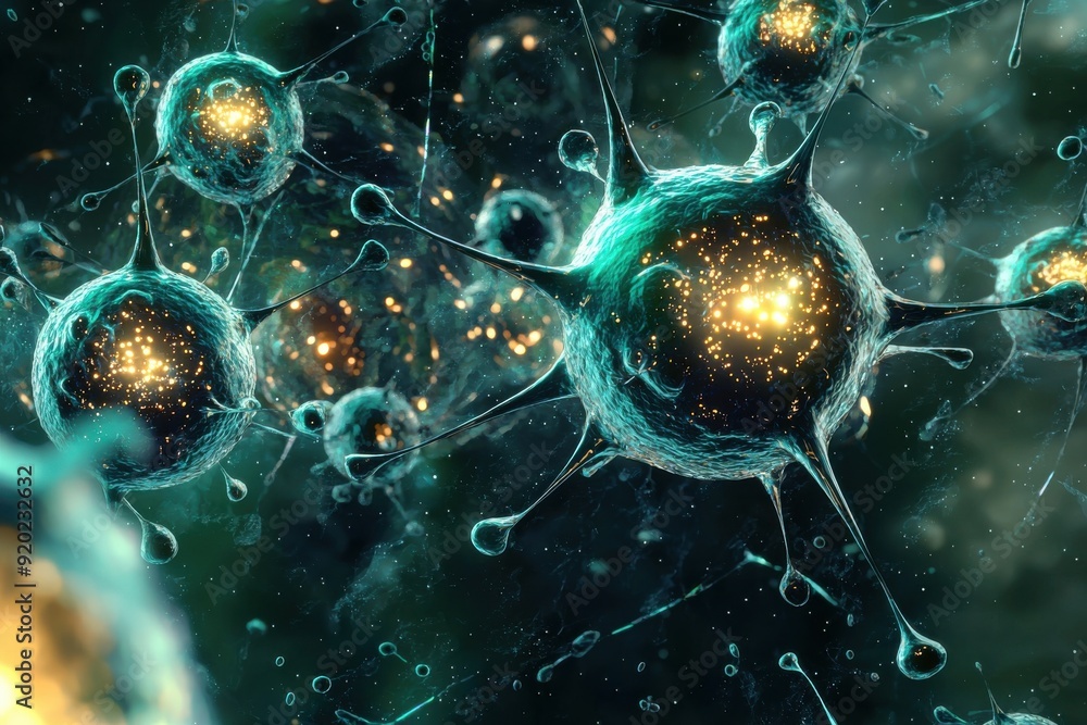 Aufkleber abstract representation of microscopic cells illuminated with vibrant colors, showcasing intricate d