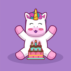 A Unicorn Cartoon Charater with Birthday Cake.