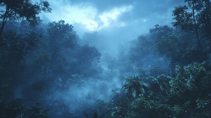 Fototapeta premium Prehistoric forest with a smoking erupting volcano.
