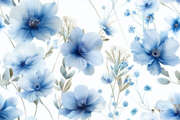 Breathtakingly Beautiful Watercolor Floral Arrangement with Loosely Painted Pastel Blue and White Blossoms on Clean Background