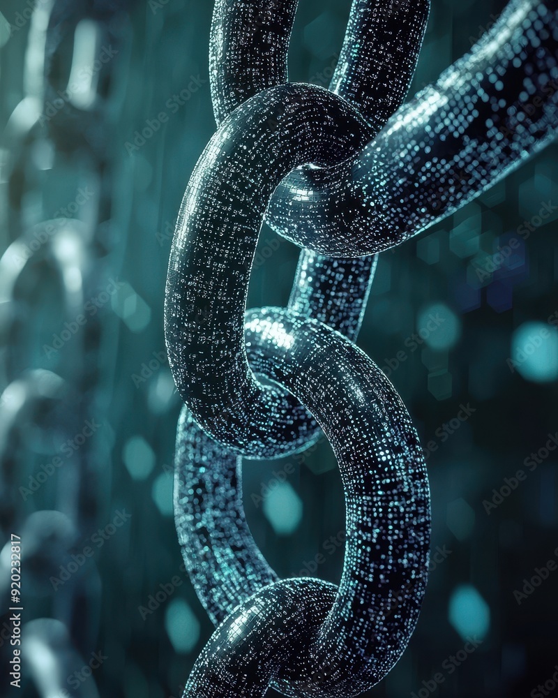 Poster close-up of a digital chain symbolizing security and connectivity in technology, with a futuristic b
