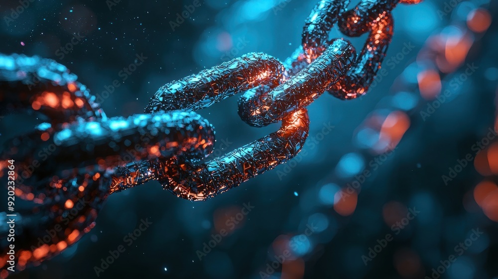 Poster close-up of a metallic chain link illuminated with blue and orange lights, showcasing intricate text