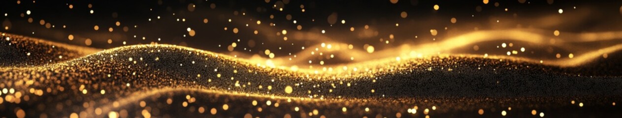 Glimmering Digital Gold Particle Wave and Light Abstract Background with Sparkling Floor Particles on a Luxurious Golden Glittering Black Canvas.