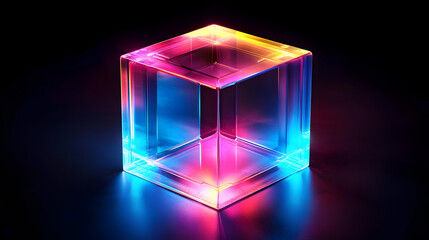 A glowing, transparent cube with colorful lighting effects on a dark background.