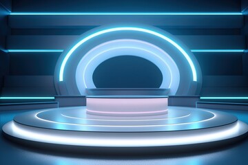 Obraz premium Futuristic podium with glowing blue neon lights.
