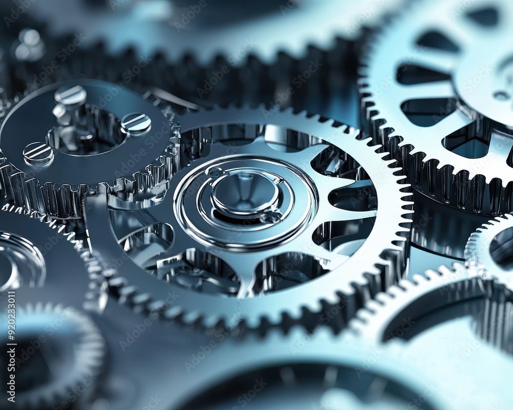 Poster close-up of intricate metallic gears showcasing precision engineering and mechanical design in a det