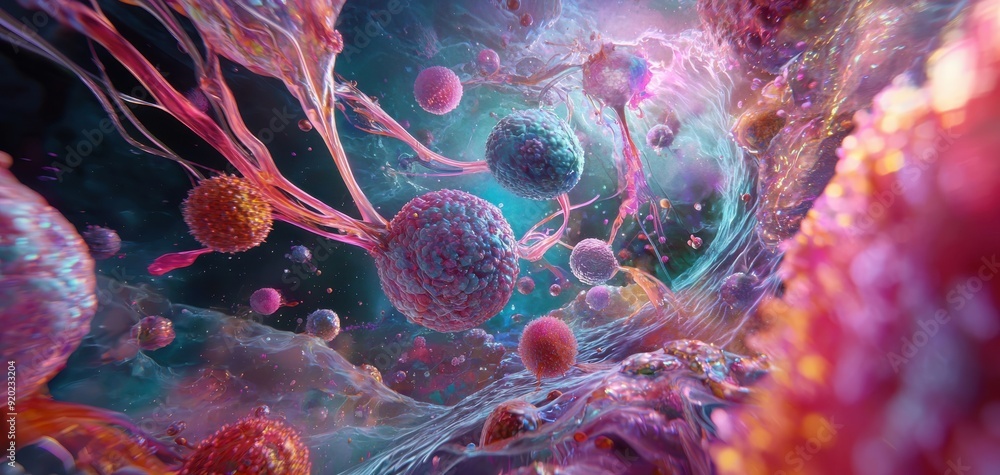 Poster colorful abstract representation of cells and particles in a vibrant cosmic setting, showcasing intr