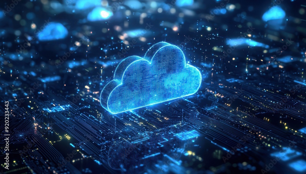 Poster futuristic cloud computing concept with glowing blue cloud above a circuit board background, represe
