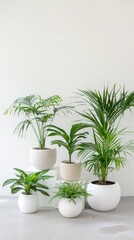 Obraz premium Five potted plants with green leaves in white pots stand against a white wall.
