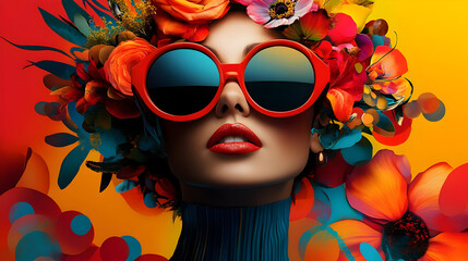 A vibrant portrait of a woman adorned with flowers and sunglasses, exuding a lively atmosphere.