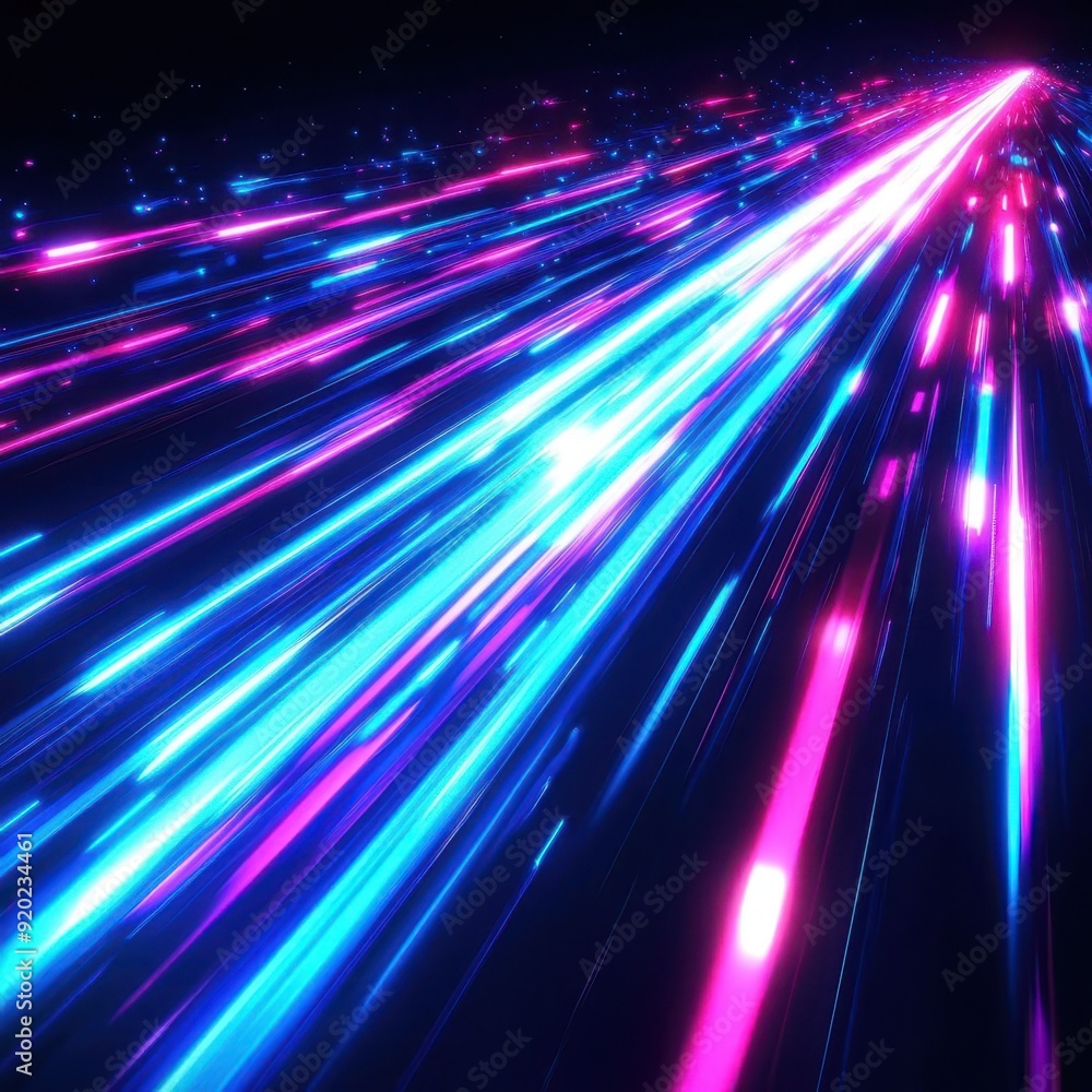 Poster dynamic display of neon futuristic light lines streaking across a black background