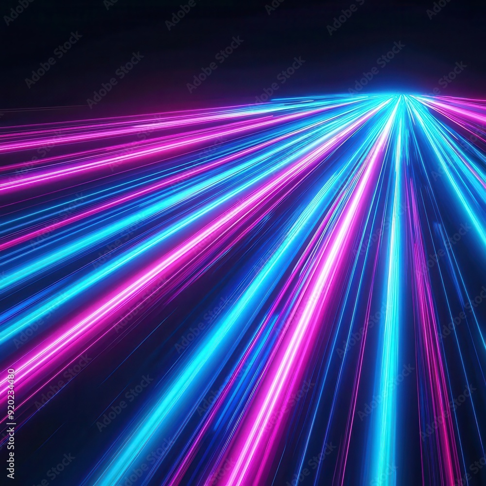 Poster dynamic display of neon futuristic light lines streaking across a black background