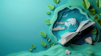 Earth and book with green plants on blue background with copy space. World of book concept.