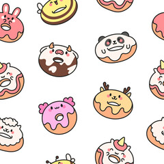 Cute kawaii donut with animal face. Seamless pattern. Cartoon funny food. Hand drawn style. Vector drawing. Design ornaments.