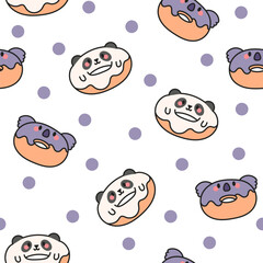 Cute kawaii donut with animal face. Seamless pattern. Cartoon funny food. Hand drawn style. Vector drawing. Design ornaments.