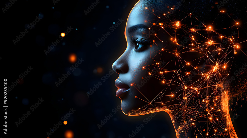 Poster a digital representation of a woman's profile with interconnected lines symbolizing technology.