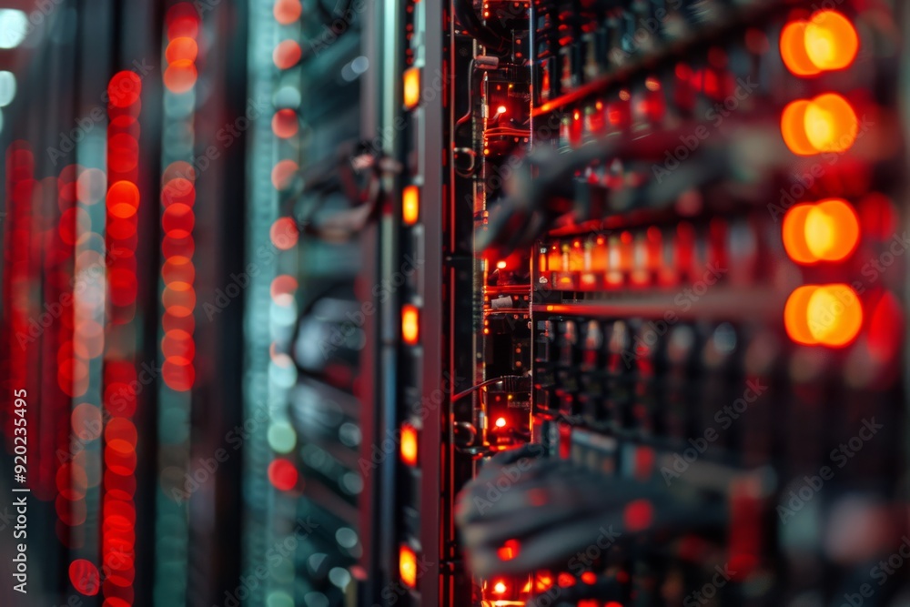 Aufkleber a detailed closeup view of a server rack with red lights emanating and neatly organized network cabl