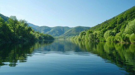 Tranquil lake with green forested hills and a clear blue sky reflecting in the water.