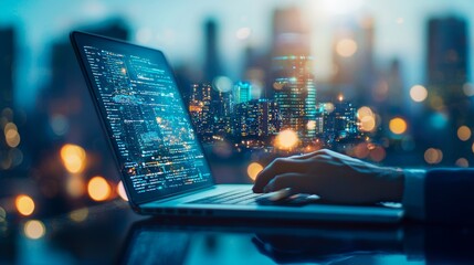 A person's hand using a laptop with digital code overlay against a city skyline, symbolizing technology and innovation.