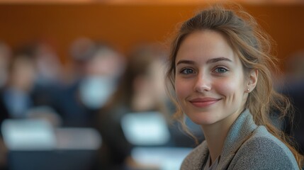 Happy female entrepreneur attending a business seminar in a conference hall. Ideal for topics related to business, entrepreneurship, networking, and professional growth.