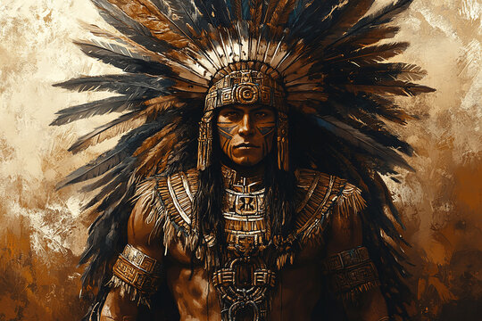 Aztec warrior illustration, highlighting intricate armor and feathered headdress.