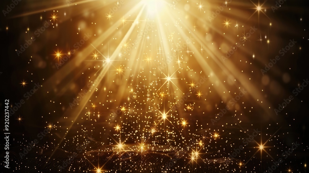 Poster brilliant golden rays break through darkness, casting shimmering light particles that create a capti