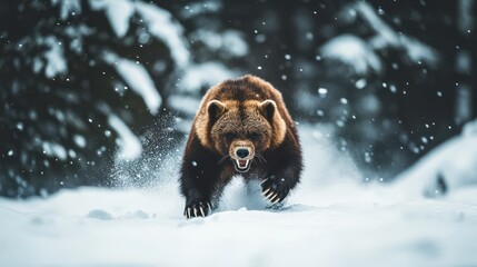 Grizzly Bear Running Through Snow