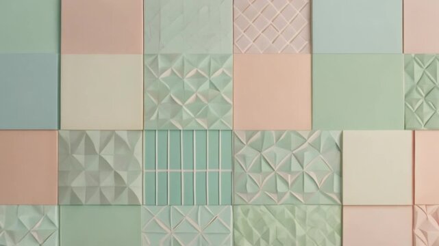 A minimalistic pattern of overlapping circles, triangles, and rectangles in soft pastels like mint green, blush pink, and baby blue, on an off-white background, creating a balanced, harmonious design.