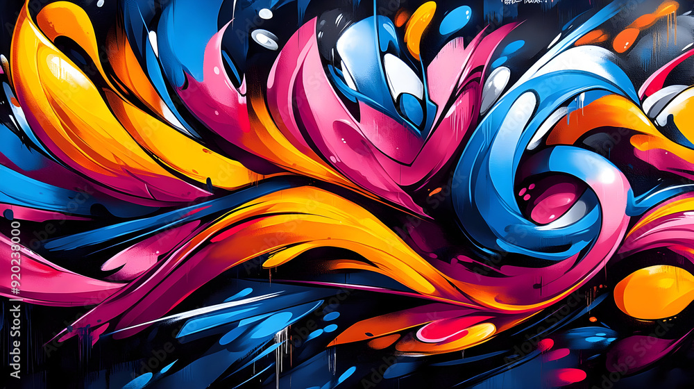 Poster A vibrant abstract mural featuring dynamic swirls of color and fluid shapes.
