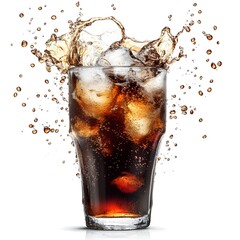 Splashing Soda Liquid in Transparent Glass on White Background
