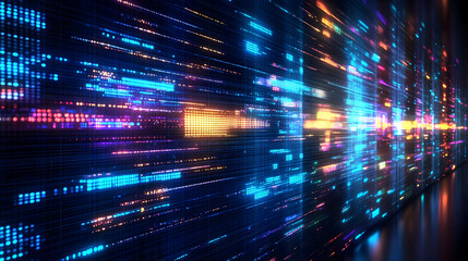 A vibrant digital display with colorful lights and patterns, suggesting data flow or technology.