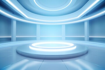 Futuristic stage with glowing circular platform.