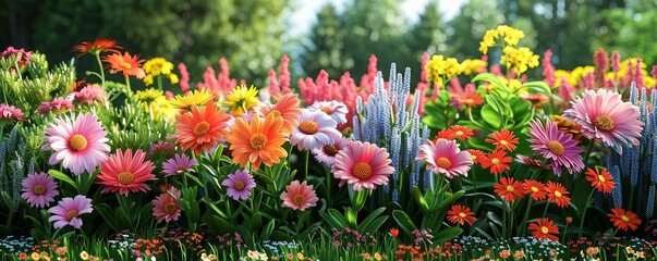 Obraz premium Beautiful garden bursting with spring flowers, vibrant garden