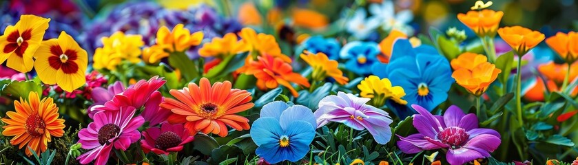 Blooming garden with colorful spring flowers, vibrant garden