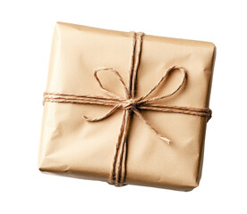 Gift box wrapped in craft paper isolated on transparent background, top view