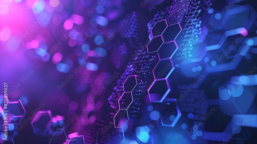 Poster abstract background with hexagons and digital technology, style of purple blue gradient color. copy 