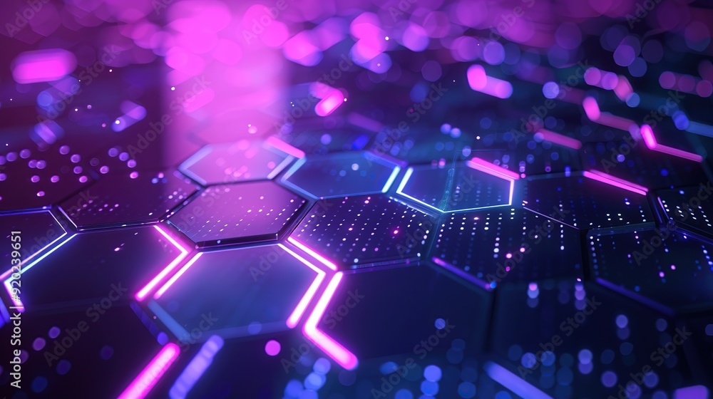 Poster abstract background with hexagons and digital technology, style of purple blue gradient color. copy 