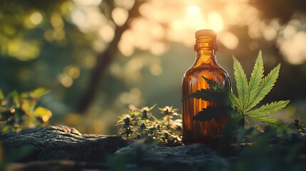 Selective focus on star anise oil bottle in nature