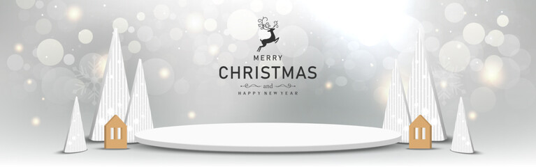 White circle platform with triangle tree shape, home bauble on gray bokeh shiny background. Christmas background design for product display. Vector illustration.